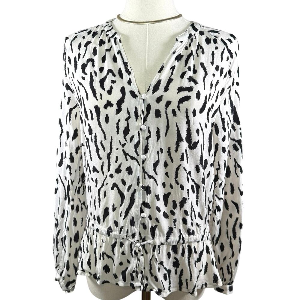 Rails Black White Animal Print Button Front Cinched Blouse Size Small Work Chic